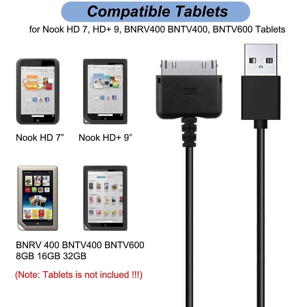 Emilydeals Charger for Nook Tablet, Replacement USB Charging Data Cable Cord for Barnes & Noble Nook HD 7/HD+ 9, BNRV400, BNTV400, BNTV600 Tablets
