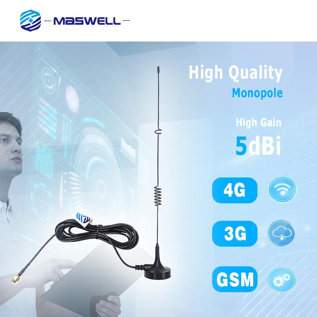 Maswell Cellular 4G LTE 3G GSM Whip Antenna 800 900 1800 2100 MHz 5dBi Magnet Mount SMA Male Small Magnet Base