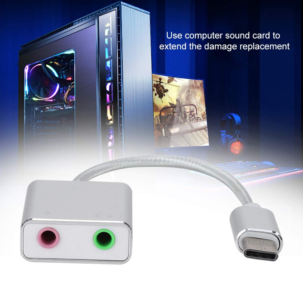External Sound Card, Aluminum Alloy Type C Stereo Audio Adapter, 3.5mm for Mobile Phone Computer Live Broadcast