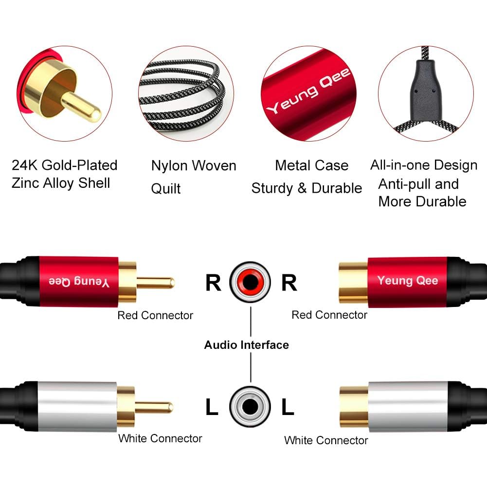 Yeung Qee 2RCA Male to 2RCA Female Extension Cable 1.5 ft, 2 RCA Extension Cable Nylon Braid 2 RCA Male to 2 RCA Female Stereo Audio Extension Cord