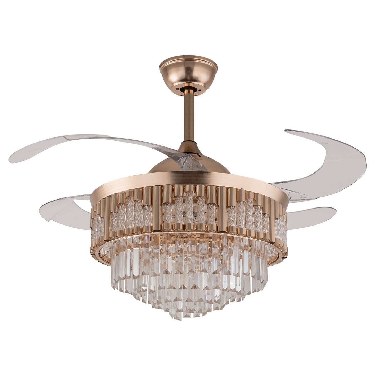 OUKANING Fandelier Crystal Retractable Ceiling Fans Light and Remote Invisible LED Crystal Chandelier Fanfor Living Room Dining Room Hall-Polished