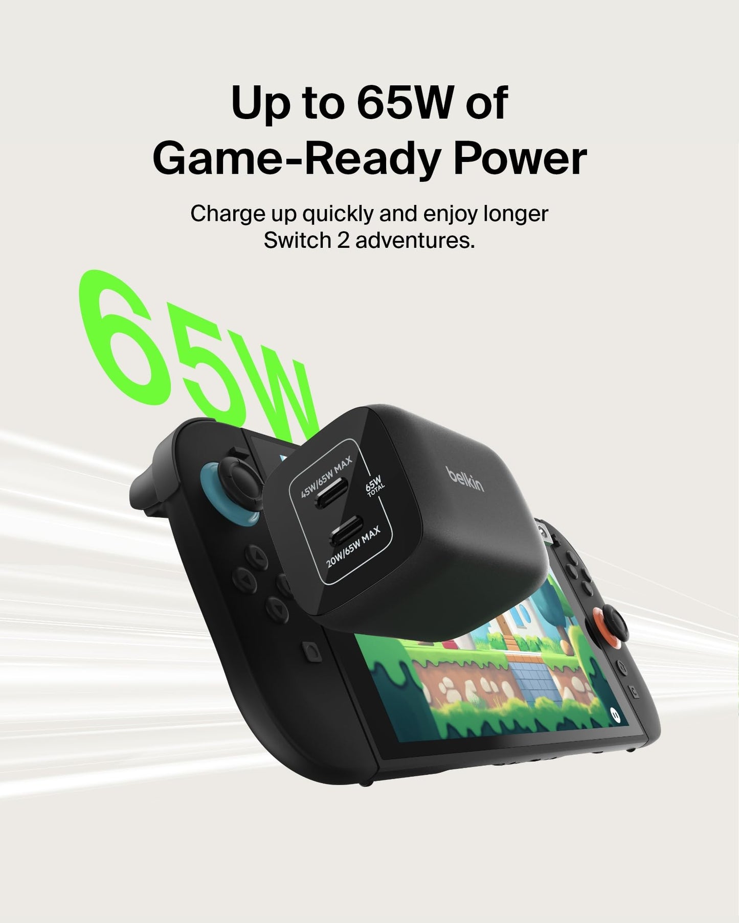 Belkin Gaming Dual USB C Charger Block for Nintendo Switch 2 and Pro Controller w/ 65W GaN Fast Charging - Apple iPhone 17, iPad, MacBook, AirPods
