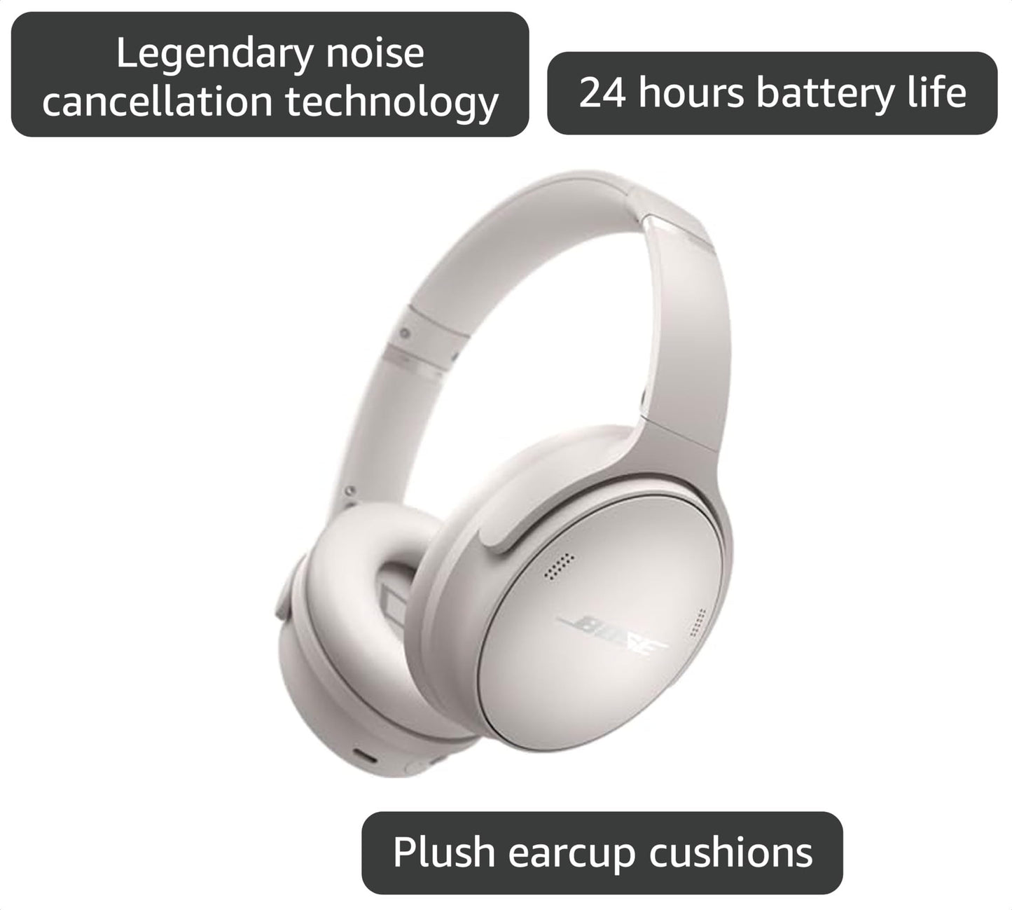 Bose QuietComfort Wireless Noise Cancelling Headphones, Bluetooth Over Ear Headphones with Up to 24 Hours of Battery Life, White Smoke (Renewed)