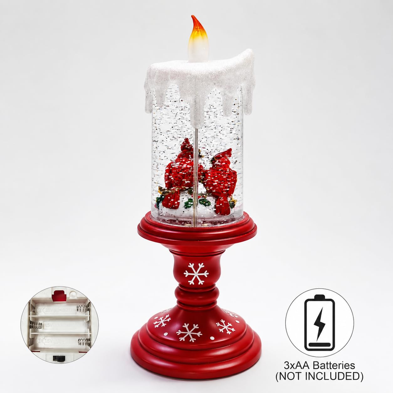MOMENTS IN TIME LED Lighted Spinning Water Candle with Cardinals 10”H Acrylic Glitter Candle Decor Battery Operated Christmas Decoration Light-Up