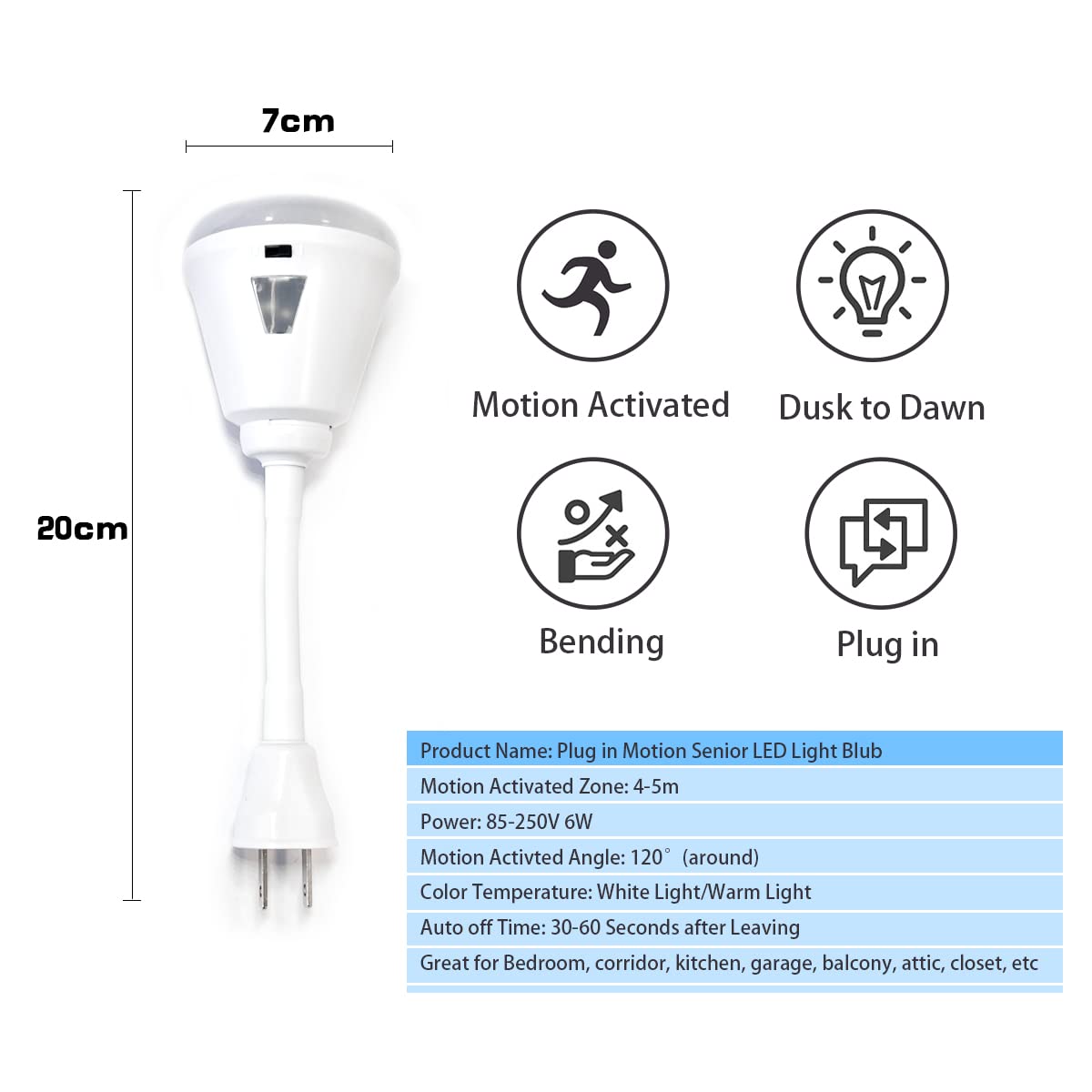 Plug-in Motion Sensor Night Light, LED Infrared Sensor 6W Light, AC 85-265V PIR Motion Detector Bulb (Warm Light, US Plug)