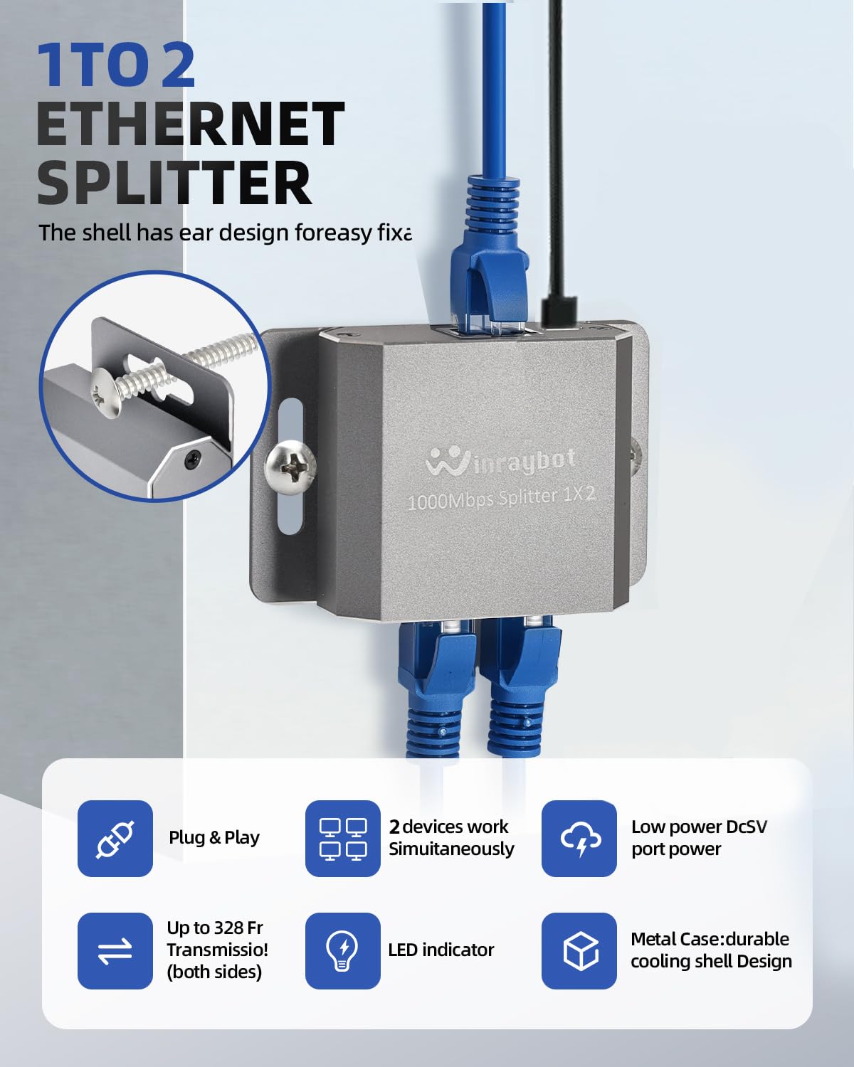 ethernet Splitter 1 to 2 ethernet hub 2 Port,RJ45 Cable Splitter fixable RJ45 Internet Switch Internet Splitter, 1000Mbps for Cat 5/5e/6/7/8 Cable,Can