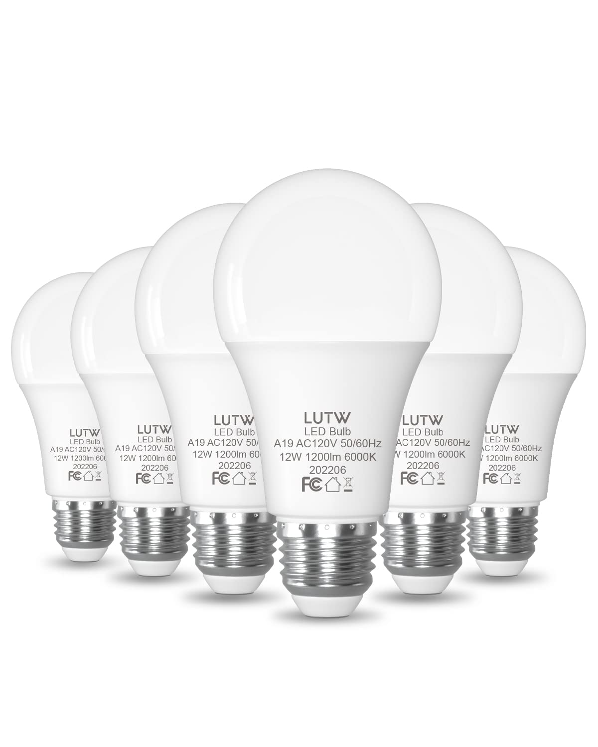 LUTW A19 E26 LED Bulbs, 100W Eqv, 12W, 6000K, Non-Dimmable, 6 Pack