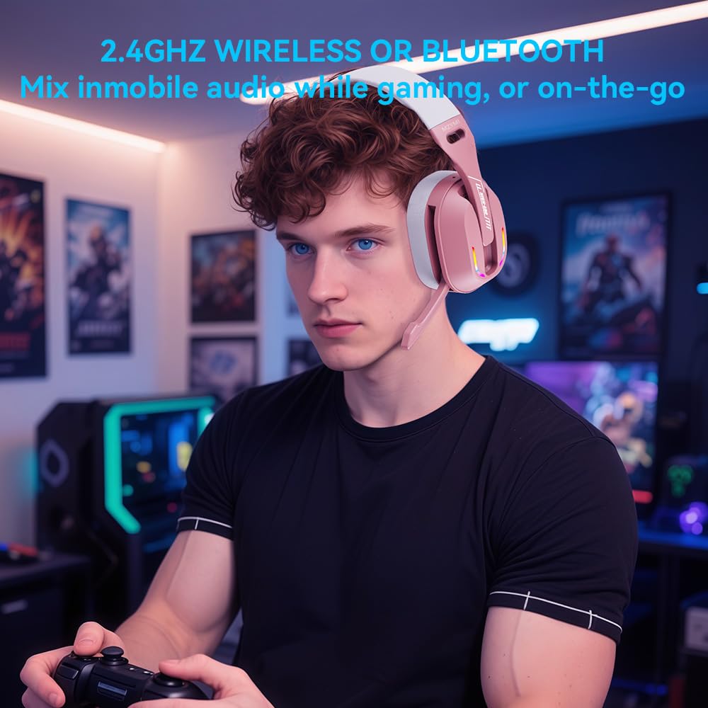 MZYMI 2.4GHz Wireless Gaming Headset for PC, PS5, PS4, Switch - Bluetooth 5.4, 20H Battery, with ENC Noise Canceling Microphone, Cool Lighting, 40mm