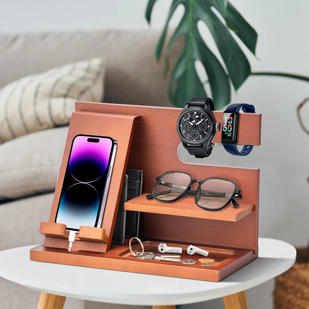 Wood Phone Docking Station - Gifts for Men Desk or Nightstand Organizer - Birthday Gifts for Husband, Fathers Day for Dad - Anniversary Idea from Wife