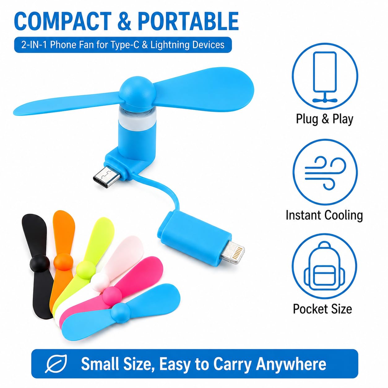 ECHOZONE Mini Cell Phone Fan 6 Pack, 2-in-1 Portable Phone Cooling Fan
