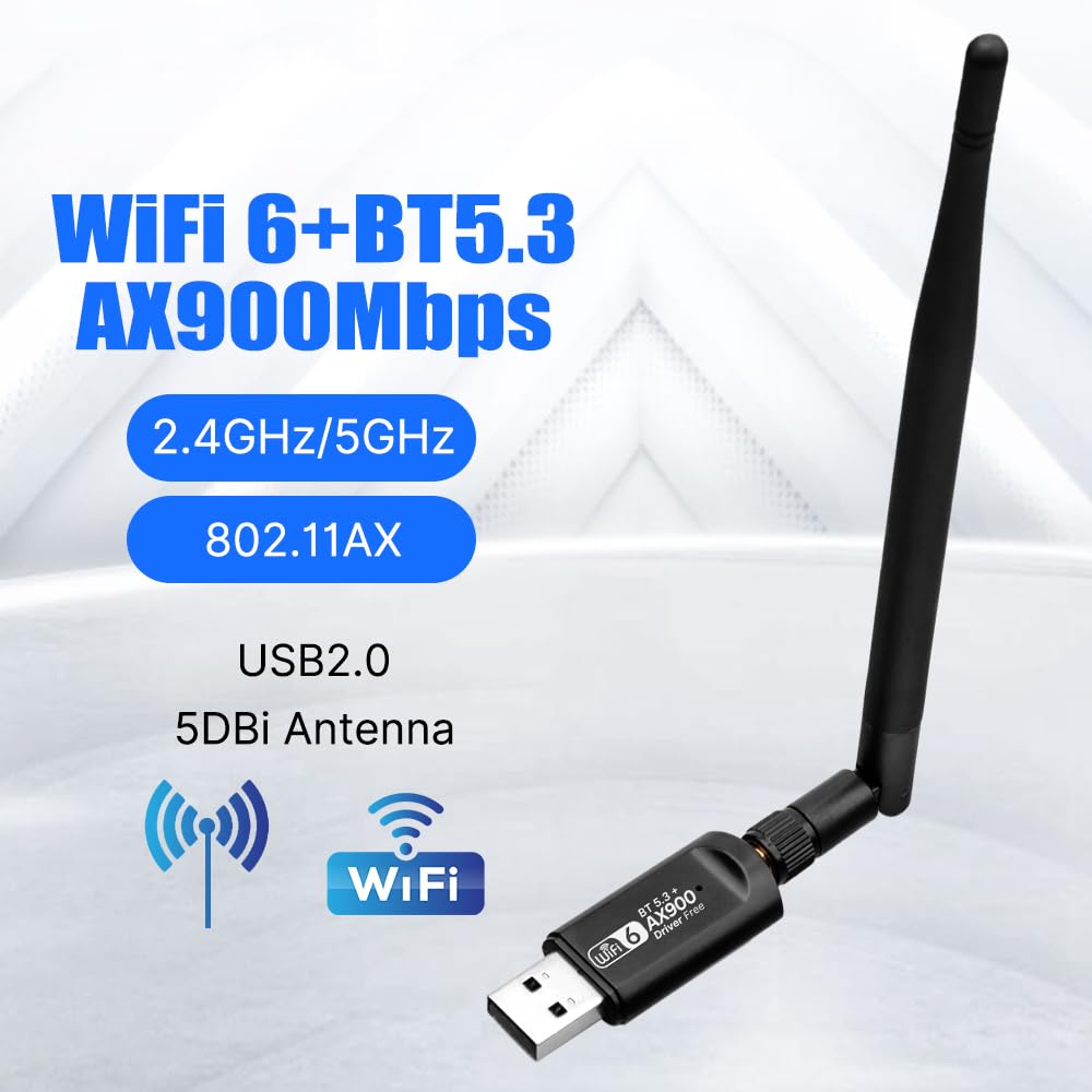 AX900 USB WiFi 6 Network Adapter Free Driver BT5.3 WiFi Dongle Dual Band 900Mbps High Gain Antenna Network Card Wireless Receiver for Windows10/11
