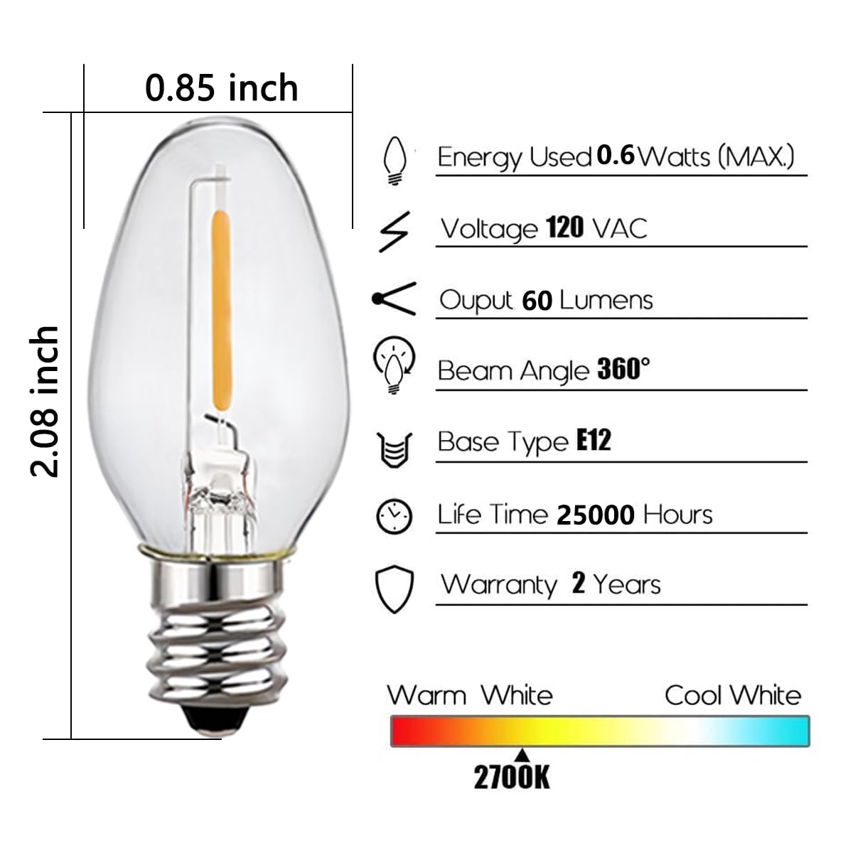 WokHok Night Light Bulbs, C7 Candelabra LED Light Bulbs for Window Candles/Chandeliers/Night Lights, E12 Chandelier Base, 4W & 7W Incandescent