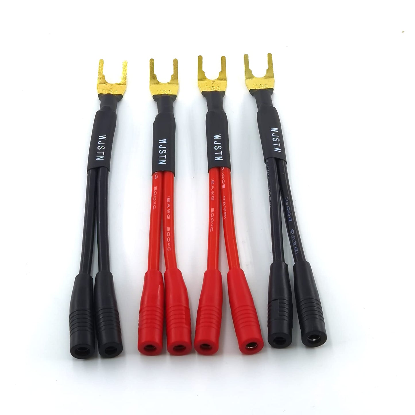 WJSTN-012 3-in Spade Plug to Two Dual 4mm Banana Plug Audio Cable adapters ?45 Degree Type Y Plug Speaker distributors 4-Pack