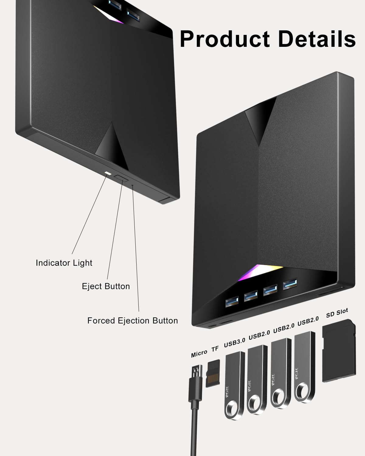 External CD/DVD Drive for Laptop, 7-in-1 External DVD Drive with 2 USB Ports, External DVD Burner with SD/TF Card Slots, CD/DVD Reader, USB 3.0 DVD