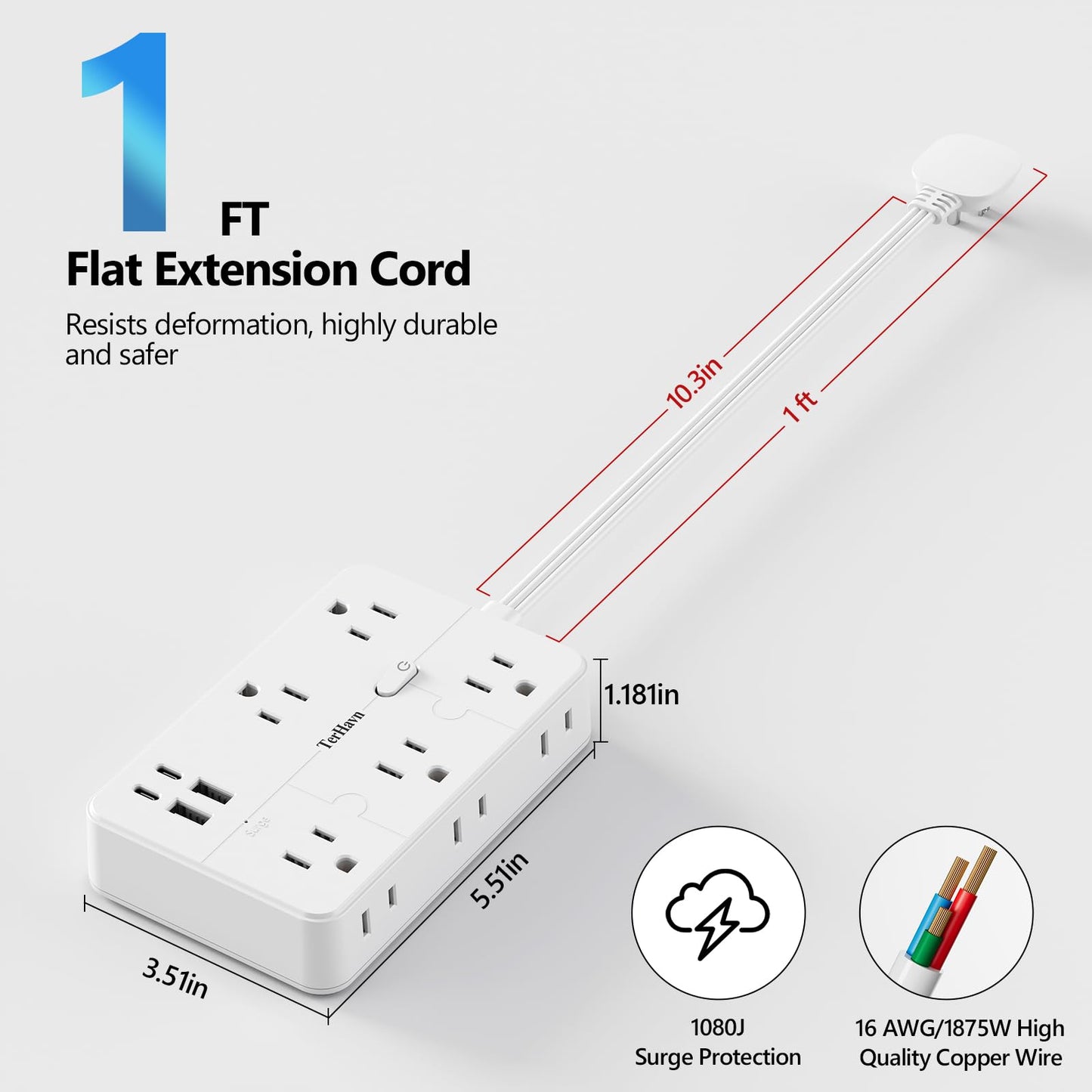 Surge Protector Power Strip 1 FT Flat Extension Cord ?10 AC Outlets & 4 USB Ports(5V/3.4A 17W), 1080J ?Wall Mountable Desktop Charging Station