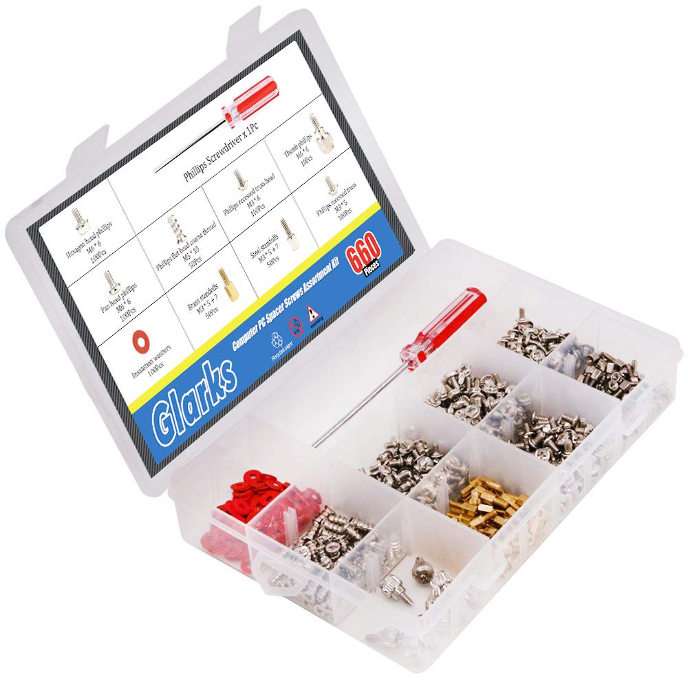 Glarks 660-Pieces Phillips Head Computer PC Spacer Screws Assortment Kit for Hard Drive Computer Case Motherboard Fan Power Graphics (Extra: Phillips