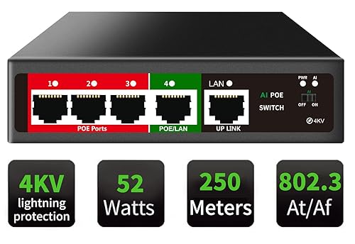 STEAMEMO 5 Port PoE+ Switch | Easy Smart Managed Ethernet Switch | Support VLAN, QoS | 52W Total PoE Budget | Fanless Metal | Plug & Play