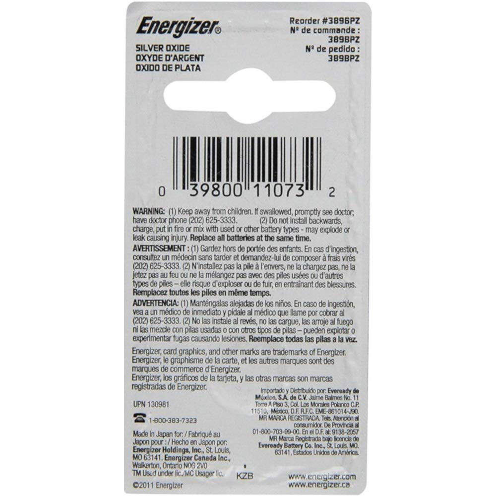 Energizer 389 Button Cell Silver Oxide SR1130W Watch Battery Pack of 5 Batteries