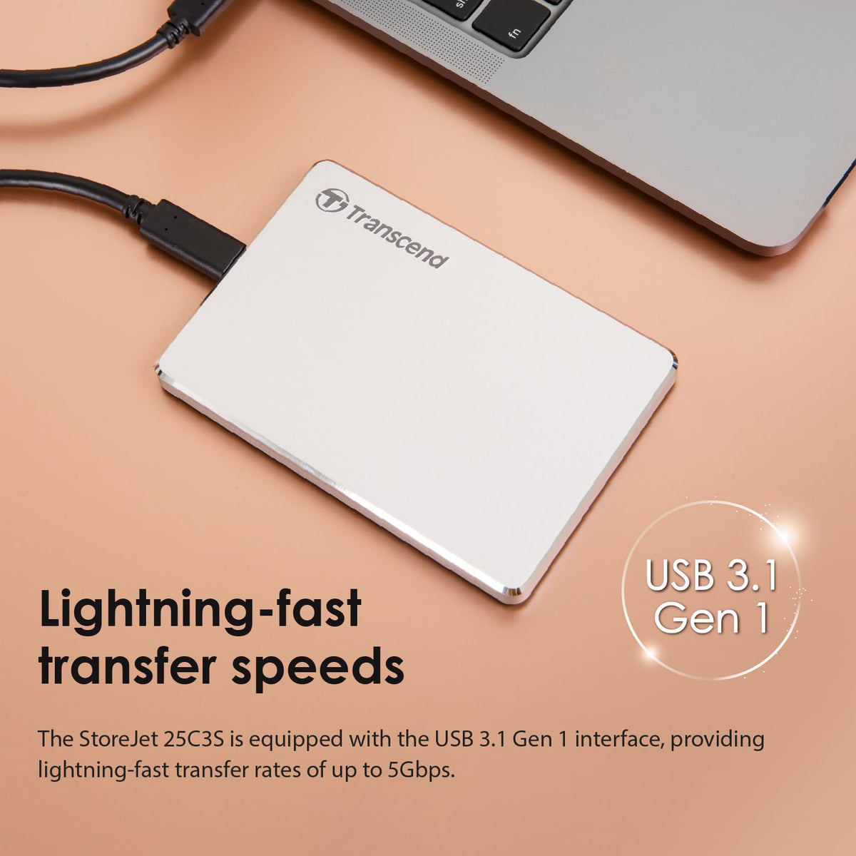 Transcend 1TB SJ25C3S, Portable External Hard Drive, Sleek Aluminum casing, Type C, Silver - TS1TSJ25C3S