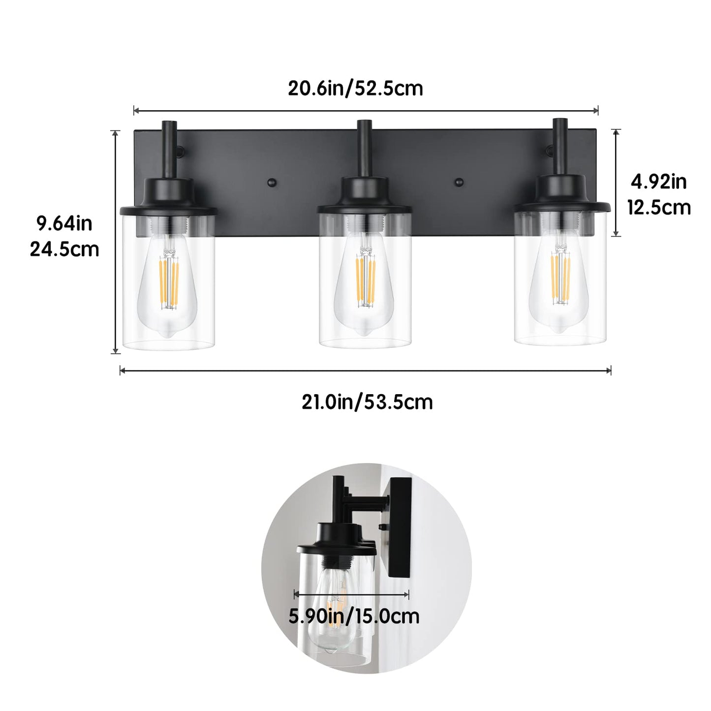GoYeel Vanity Lighting Fixtures, Matte Black Bathroom Light Fixtures 3-Light Black Wall Sconce with Clear Glass Lampshade for Bedroom Hallway Living