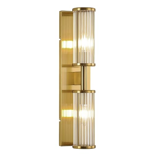 ECOBRT 2-Light Modern Vanity Wall Lamp in Brushed Brass, Industrial Bathroom Lighting with Glass Rod Shades, Adjustable Modern Mirror Lights