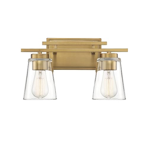 Savoy Essentials 8-1020-2-322 Calhoun Modern Clear Glass Bathroom Vanity Wall Light, 2-Light 120 Total Watts, 9" H x 15" W, Warm Brass
