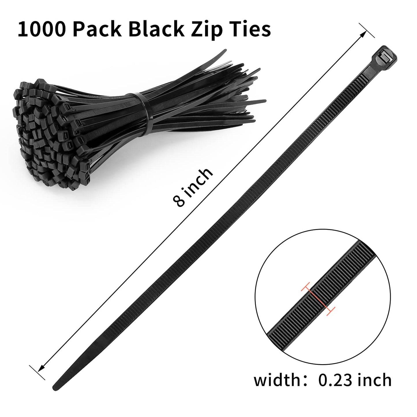 8 Inch Heavy Duty Black Zip Ties 75 lbs, 1000 Pack Cable Ties UV Resistant Industrial Self Locking 8" Zipties Bulk Nylon Wire Tie Wraps Workshop