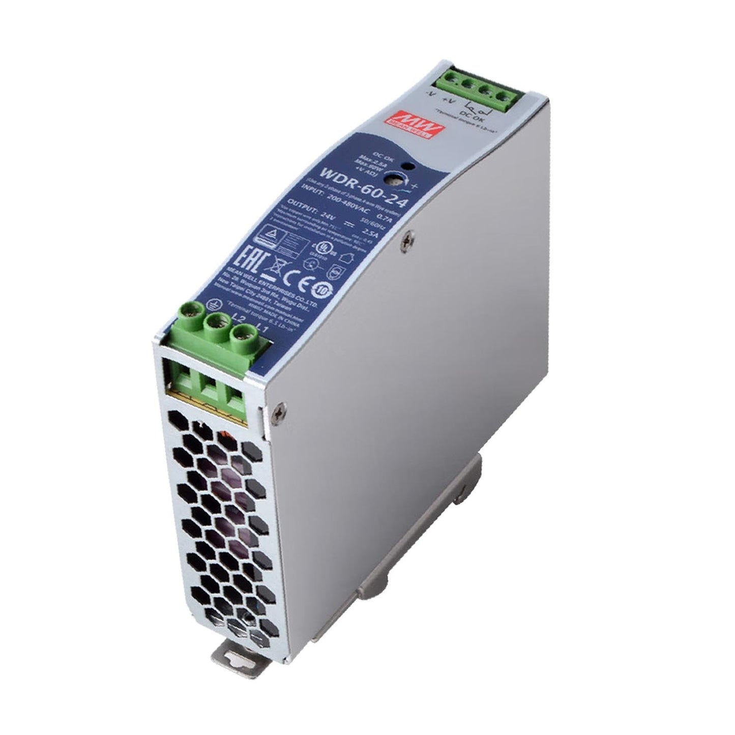 Mean Well USA WDR-60-24, 60W DIN Rail Power Supply; 24V@2.5A; 180-550V AC In
