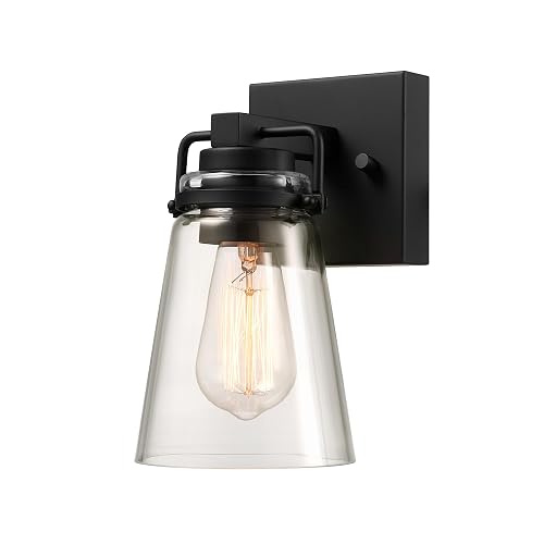 Globe Electric 60000174 1-Light Dusk to Dawn Outdoor Wall Sconce, Matte Black, Clear Glass Shade, E26 Bulb, Weather Resistant