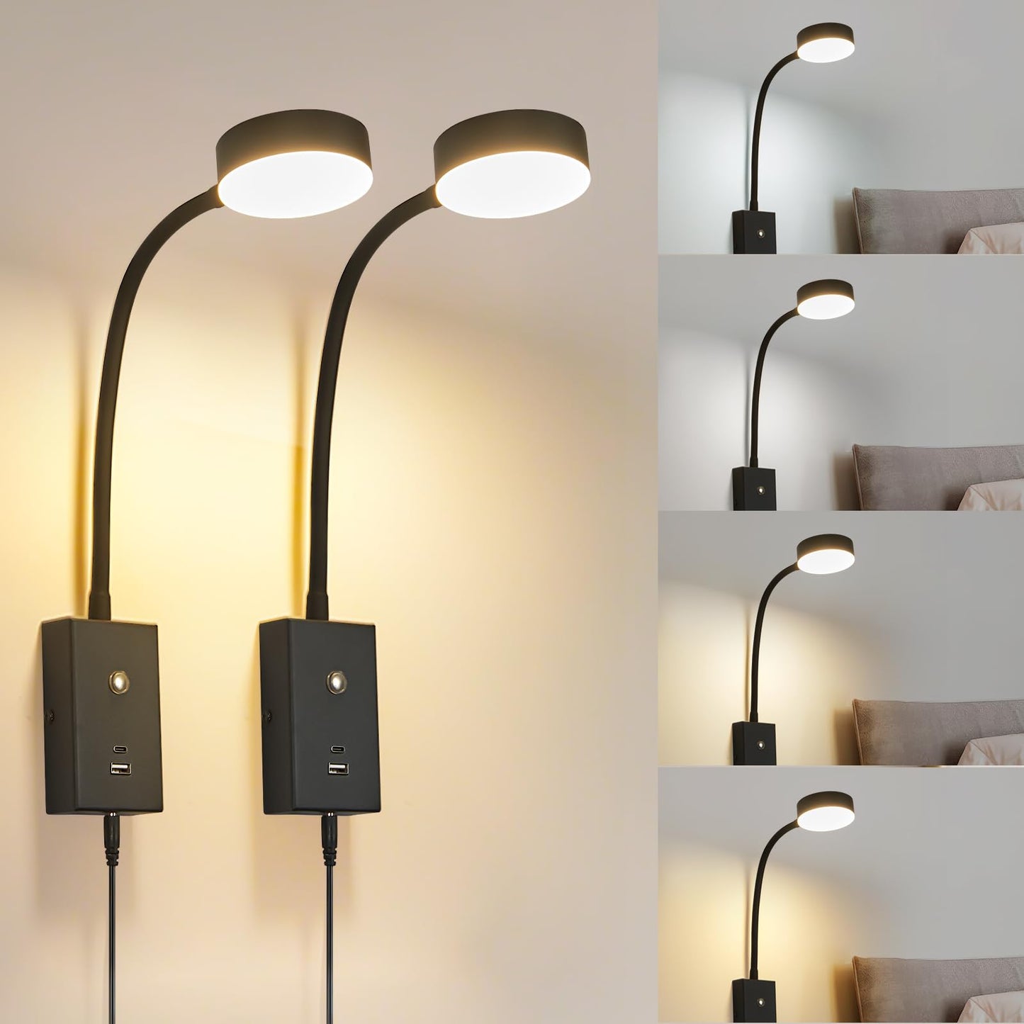 NOVCAND LED Wall Mounted Reading Light for Bed 2Pack, Flexible Gooseneck Book Light for Wall Bedside Lamp with USB-A/C Output,Touch Control 5 Dimmable
