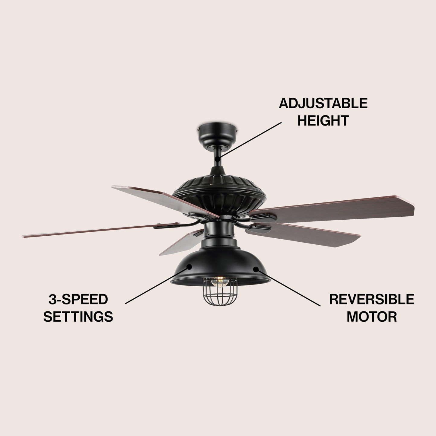 JONATHAN Y Ashton 52" 1-Light Farmhouse Metal Ceiling Fan, Black