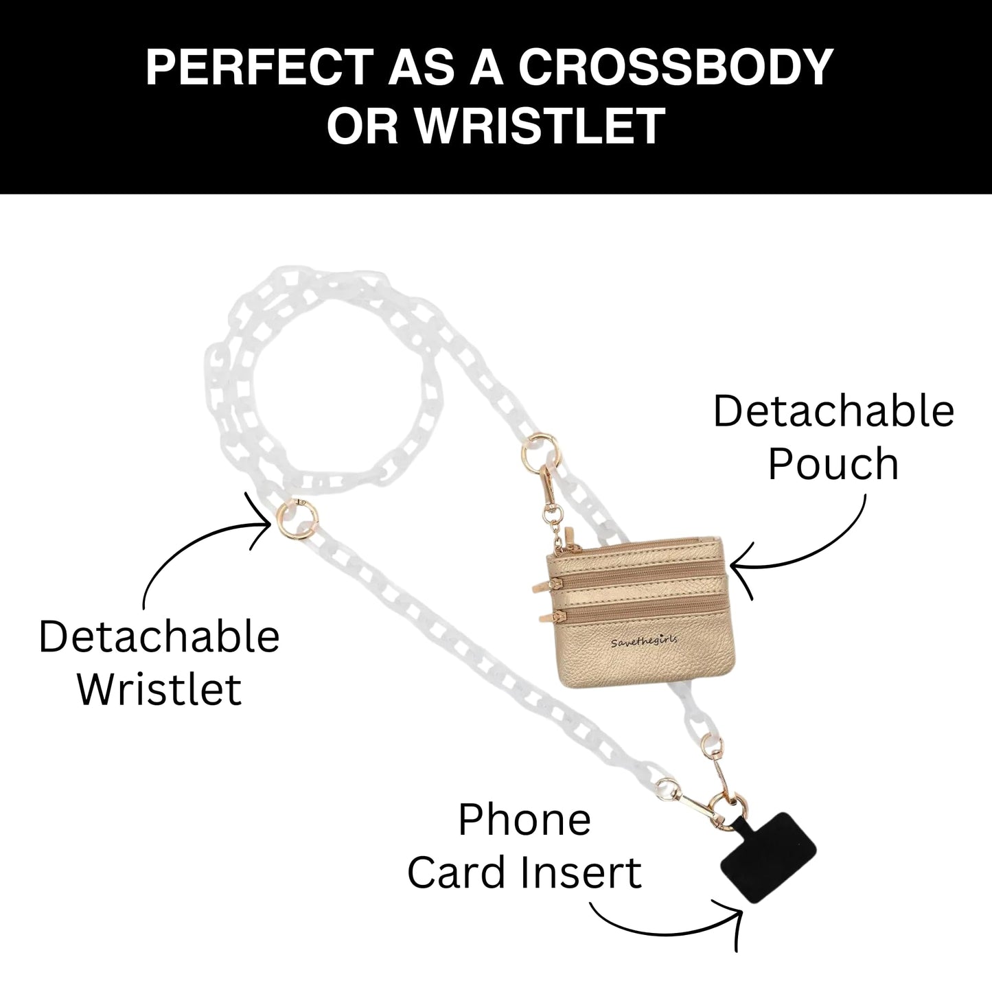 Save the Girls Clip and Go Phone Chain with Pouch (White - Gold Pouch) - Stylish Phone Lanyard Crossbody with Wallet for Women, Hands-Free Carrying