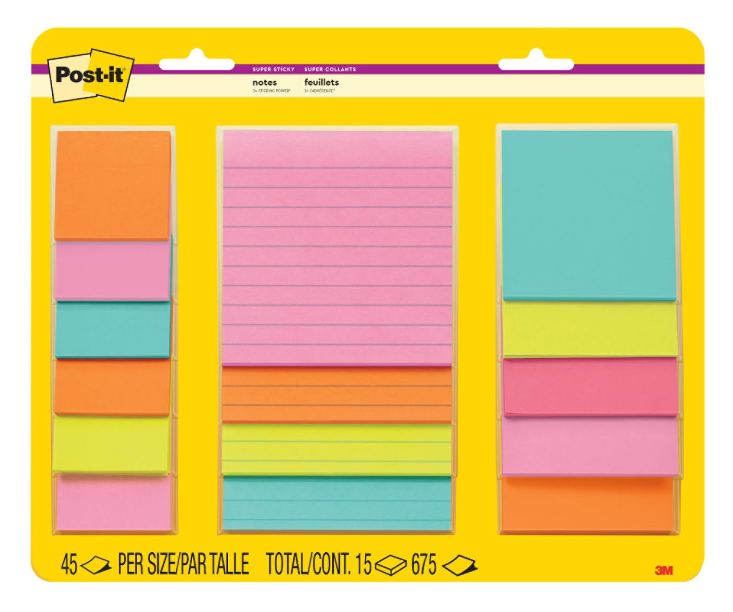 Post-it Super Sticky Notes, Multi-Size, Supernova Neons, 15 Lined Pads