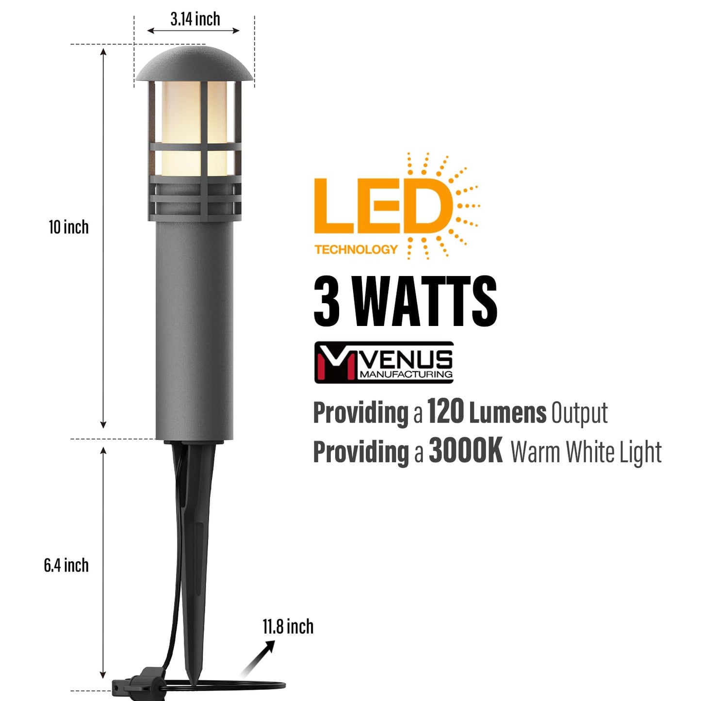 VENUS MANUFACTURING Low Voltage Bollard Lights 4PK Kits, 3W LED Outdoor Landscape Lighting 120Lumen Pathway Light 3000K Warm White Wired Walkway