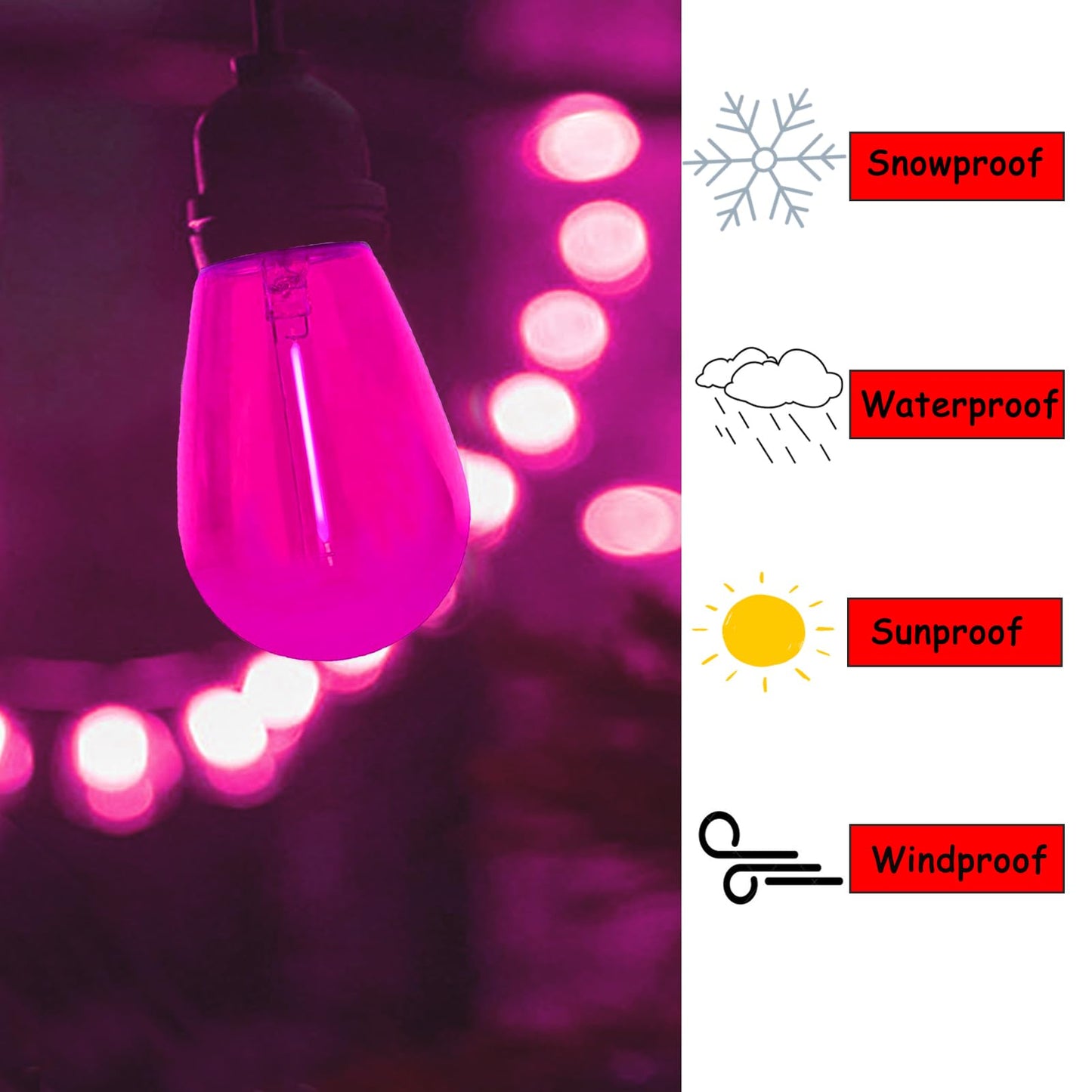 S14 Pink LED Bulb 1W Shatterproof Replacement Light Bulb E26 Base LED Filament Edison Colored Lights Waterproof Outdoor String Replacement Bulbs