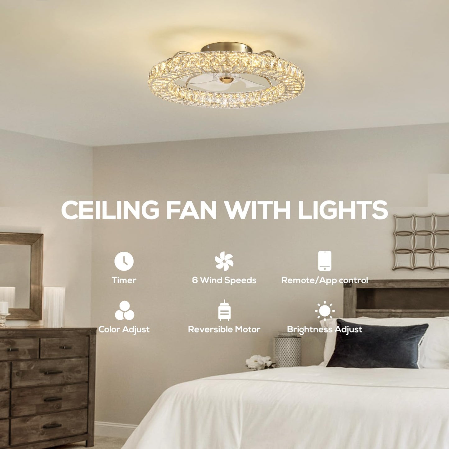 MOOONICHE 22" Low Profile Flush Mount Ceiling Fan, Ceiling Fan with Light and Remote, Dimmable Fandelier with Crystal Lampshade, Bladeless Enclosed