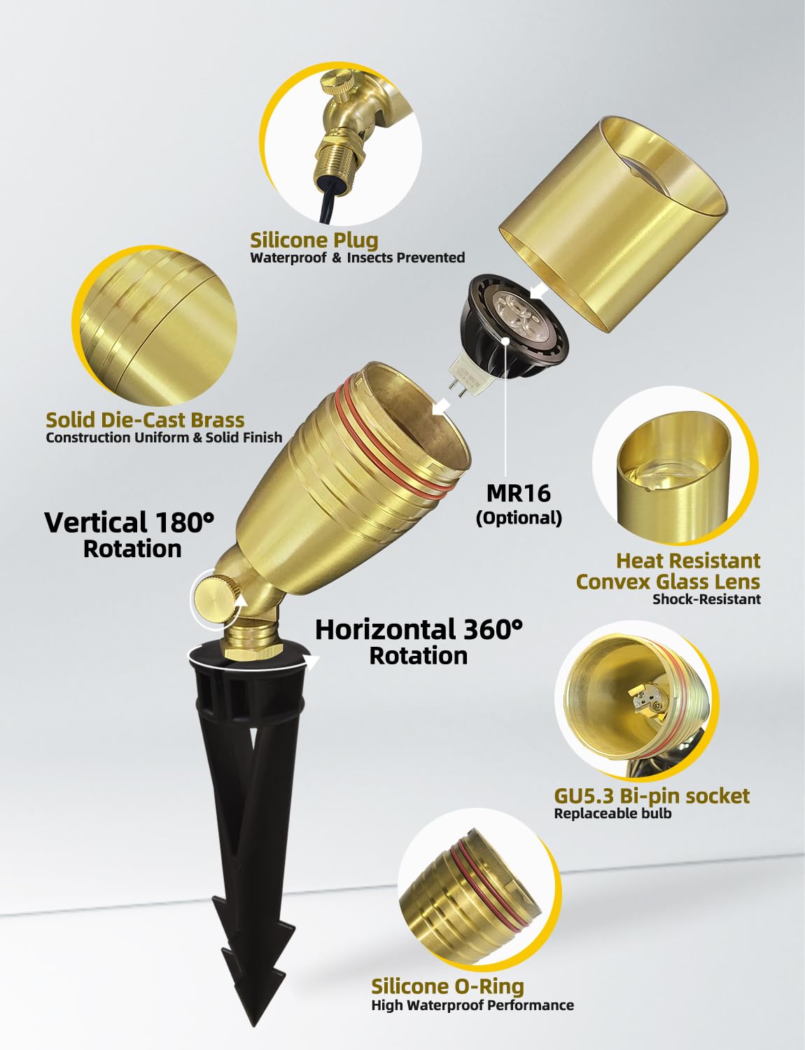 COLOER Die-cast Brass Landscape Spotlight 1-Pack with 5W Aluminum Housing LED MR16 Bulb,12V AC/DC Low Voltage Copper Outdoor Lighting, Directional