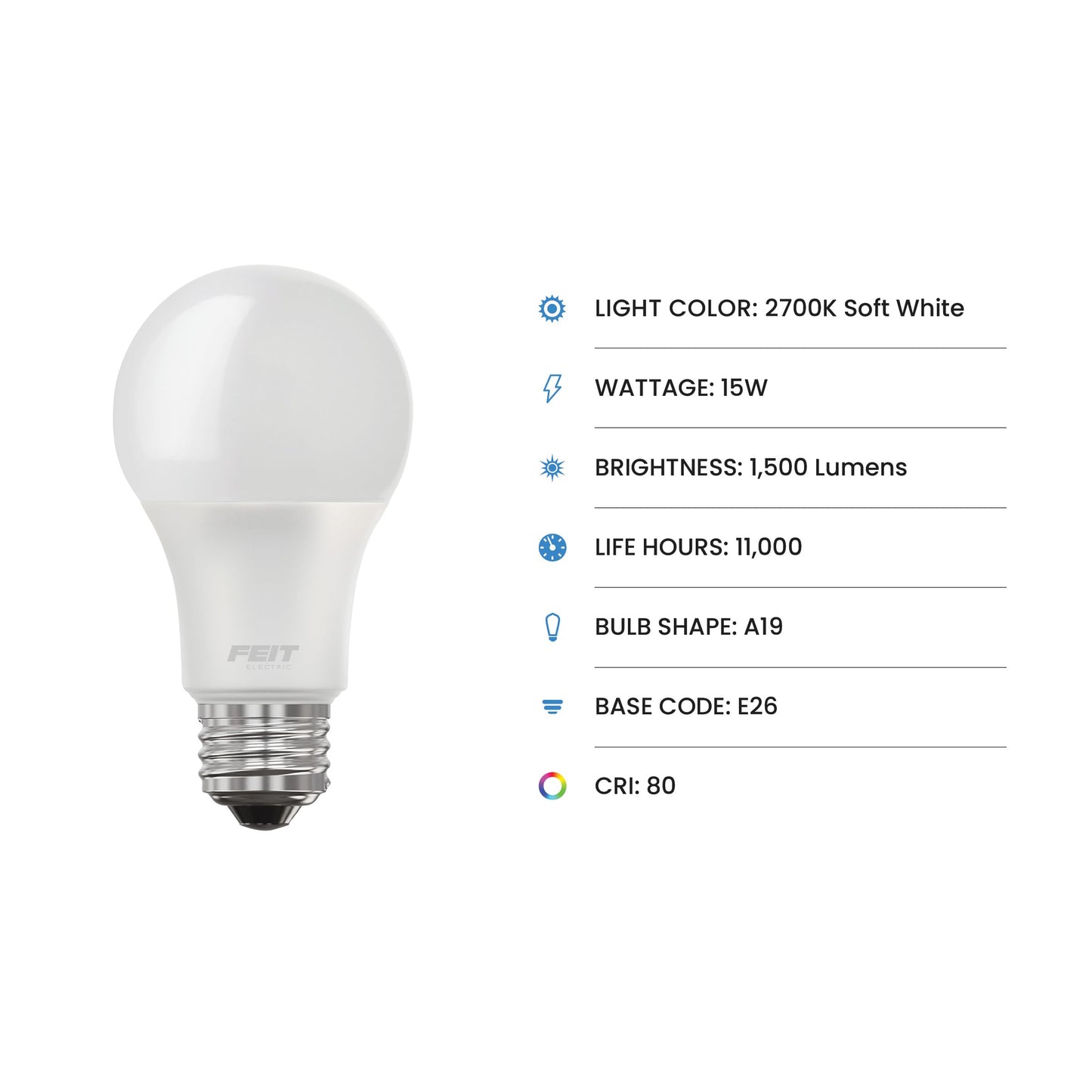 Feit Electric A19 LED Light Bulbs, 100W Equivalent, 1500 Lumens, Soft White 2700K, 15W, 11,000-Hour Lifespan, General Purpose Indoor/Commercial Use
