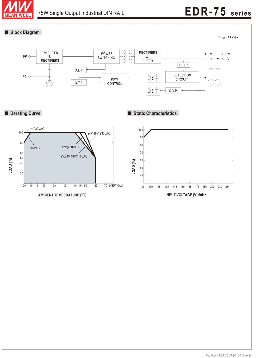 MEAN WELL EDR-75-24 AC to DC Switching DIN Rail Power Supply, 24 Volt, 3.2 Amp, 76.8 Watt