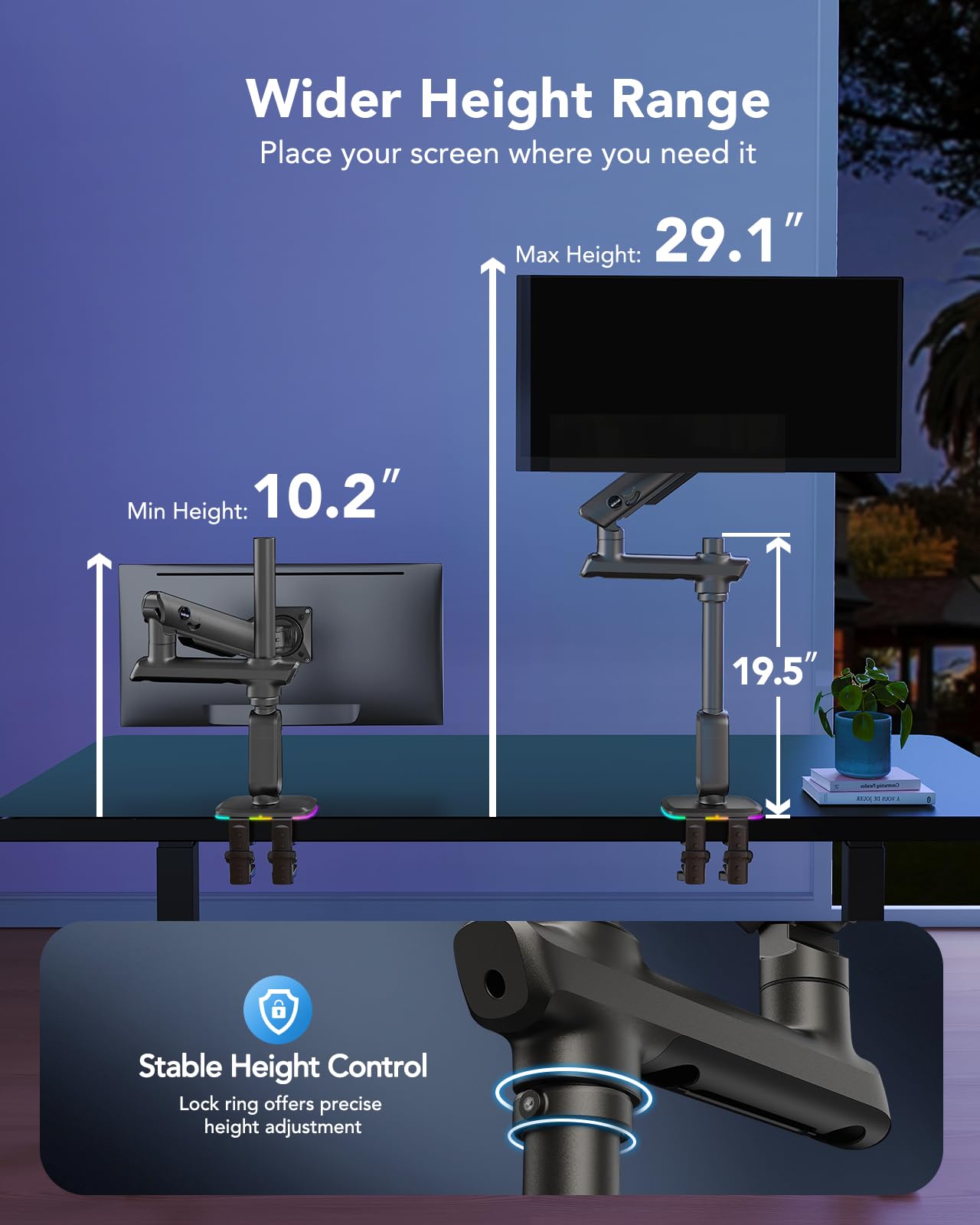 HUANUO RGB Heavy Duty Monitor Arm for Ultrawide Screens up to 57", Holds 44 lbs, Tall Ultrawide Monitor Stand with 29.1" Max Height, Fully Adjustable