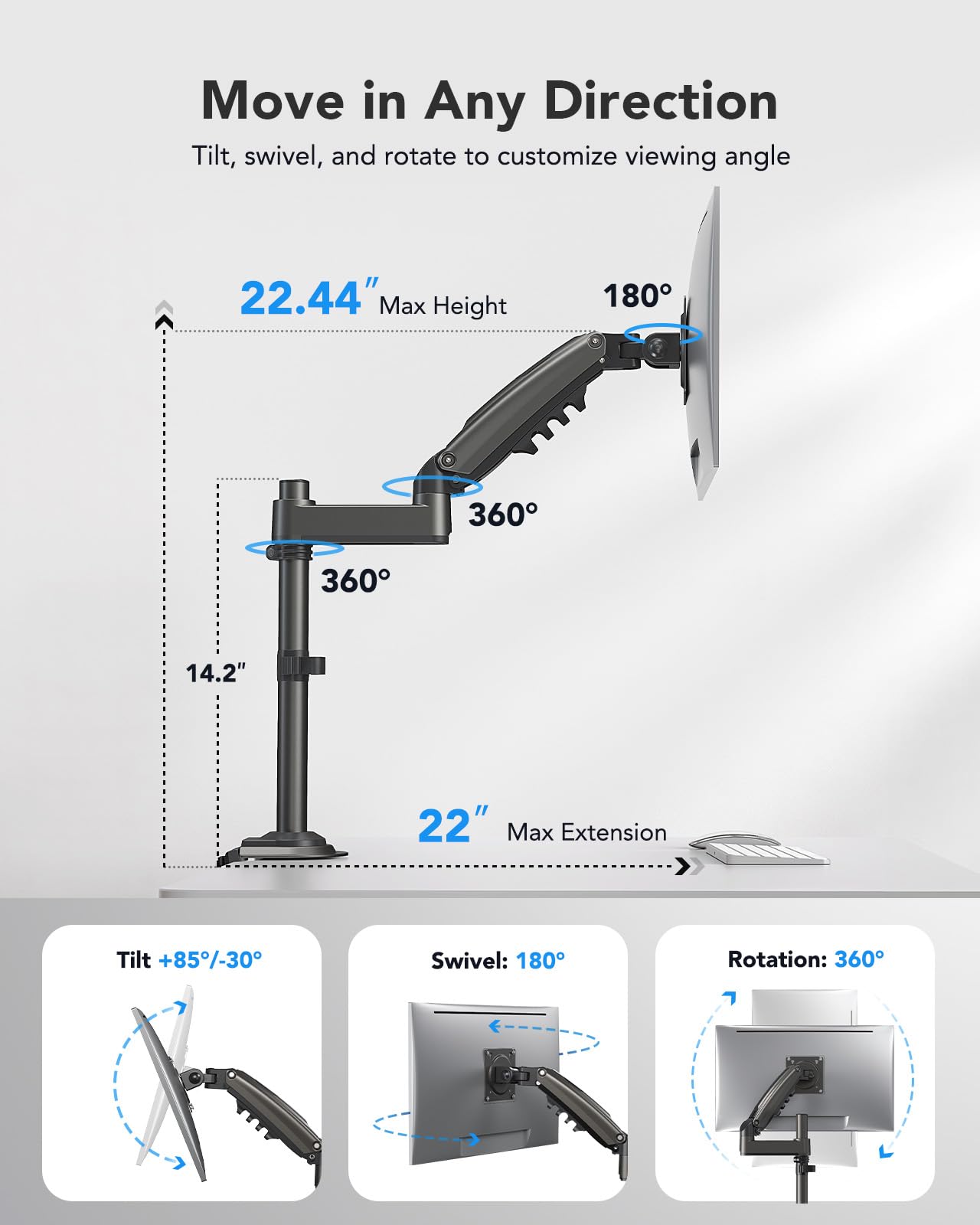 HUANUO Single Monitor Arm, Adjustable Desk Mount for 13-34 inch Screens, Holds 19.8lb, 22.44 inch Max Height, Full Motion Swivel Gaming Monitor Stand