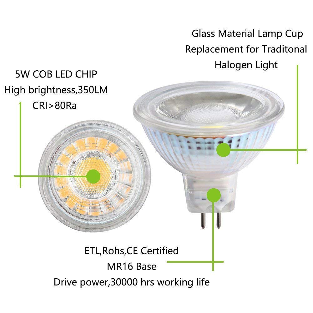 CTKcom 5W MR16 COB LED Bulbs(4 Pack)- LED Bulb Spotlight Cob AC/DC 12V 50W Halogen Light Equivalent 6000K Daylight White Ultra Bright LED Spot Light