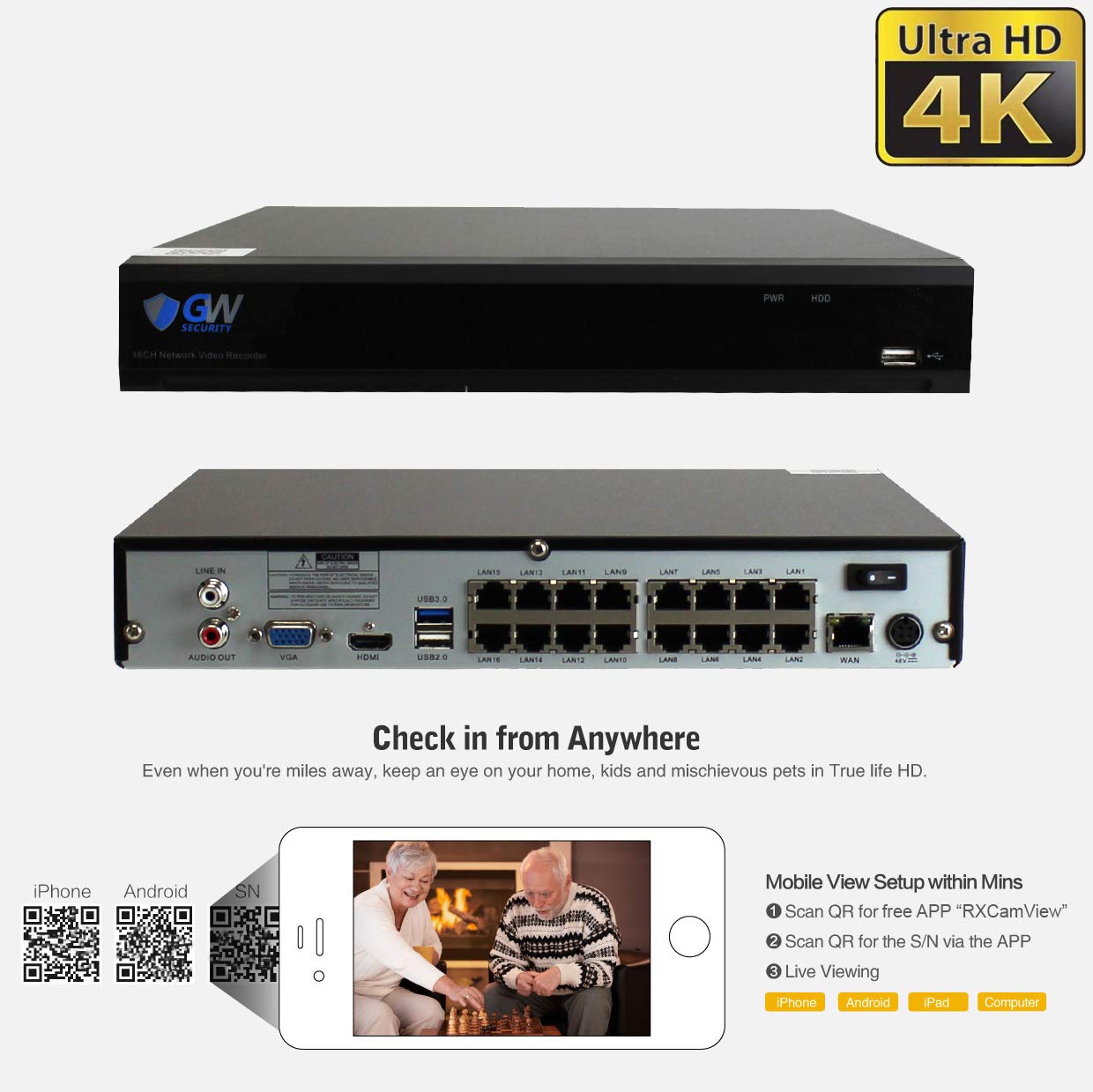 GW 4K (3840x2160 @30fps Real-time) 5X Optical Motorized Zoom Outdoor 8MP Bullet PoE IP 16 Channel Security Camera System, AI Facial