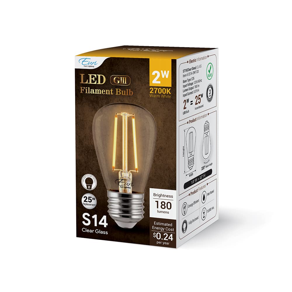 Euri Lighting ES14-2W1120, Non-Dimmable S14 Filament for String Lights, 2W (25W Equal), Warm White (2700K),180lm, 80CRI, E26, Wet & Enclosed Rated,15K