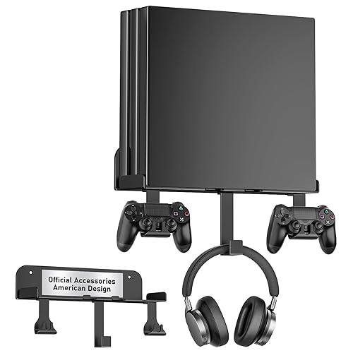Wall Mount for PS4 Pro with Detachable 2 Controller Holder & Headphone Hanger Metal Wall Mount Stand Kit Mount on The Wall Or on The Back Of The TV