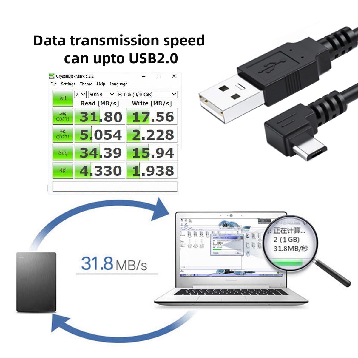 cablecc Right Angled 90 Degree Micro USB 5Pin to USB 2.0 Data Charge Cable for Phone Tablet 480Mbps Transfer Speed (100cm)