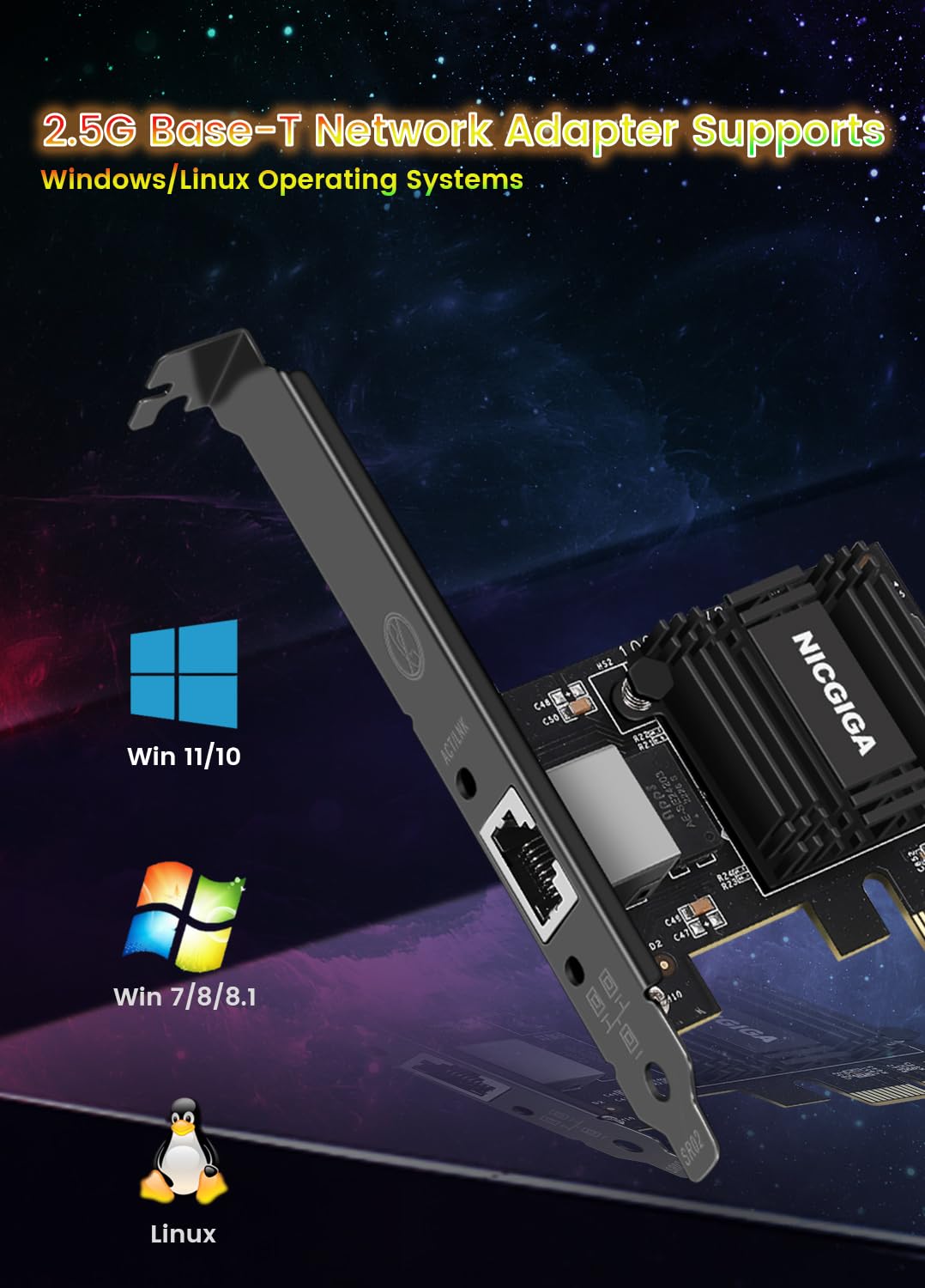NICGIGA 2.5G Base-T PCIe Network Adapter, Realtek RTL8125B 2.5Gbps/1Gbps/100Mbps PCI Express Gigabit Network Card Convert to Ethernet RJ45 LAN Port