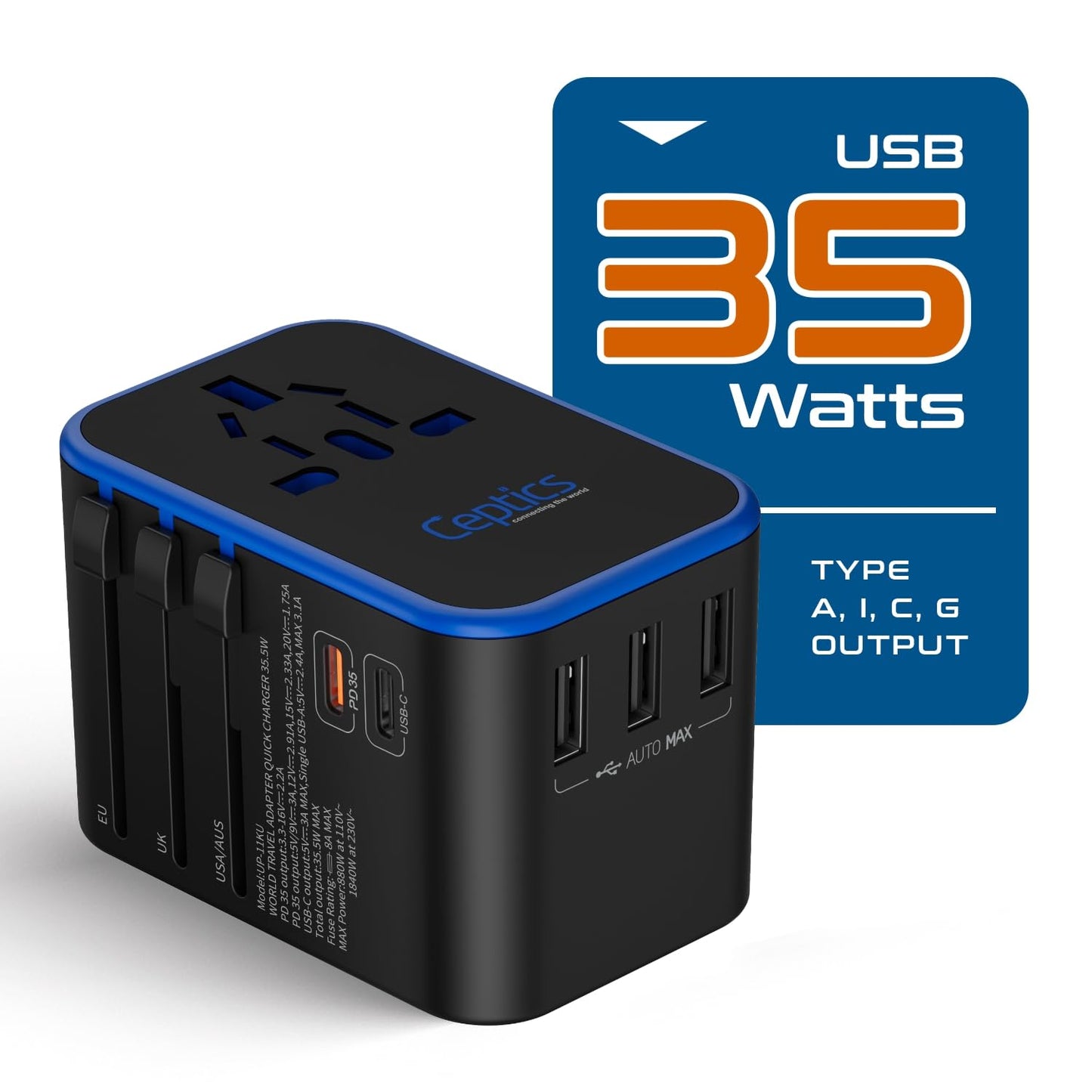 Ceptics 35W Universal Travel Adapter – PD & QC 3.0, Dual USB-C, 3 USB Ports, Worldwide Plug for EU/US/UK/AU – Model 11-KU
