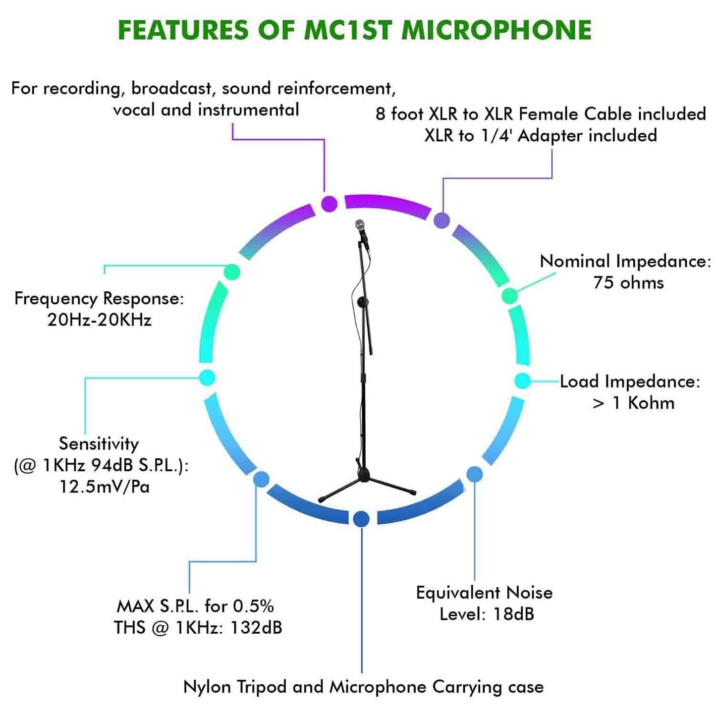 Technical Pro MC1ST Microphone, Tripod Stand, Boom, Carrying Bag, Cable and Adapter Set
