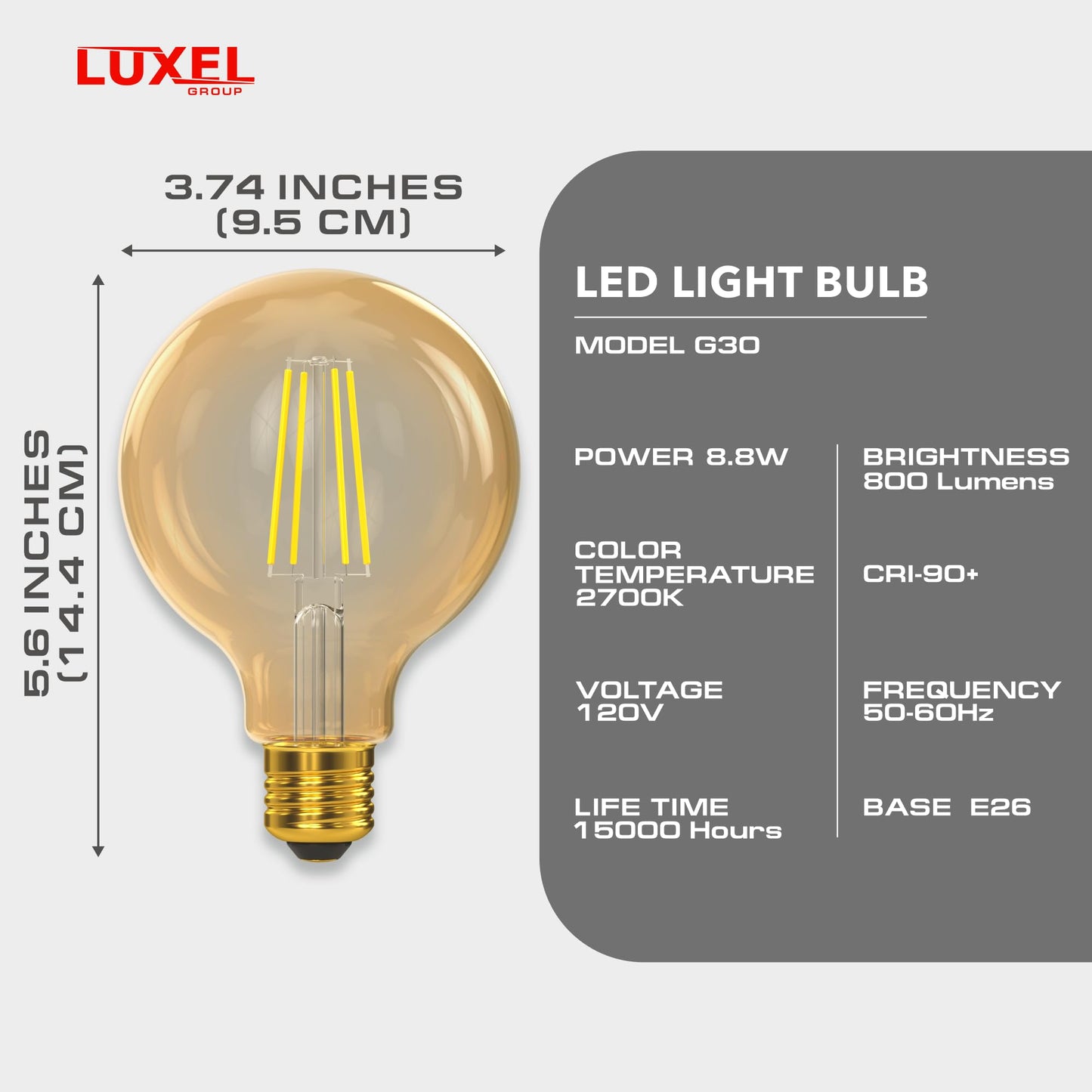 LUXEL GROUP Vintage LED Edison Bulbs G30/G95-8.8W Equivalent 60W - Dimmable Medium Brightness Soft White 2700K Antique LED Filament Bulbs - 800 Lumens
